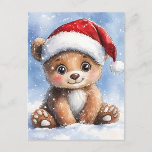 Cute Winter Christmas Santa Bear Cub Watercolor  Holiday Postcard