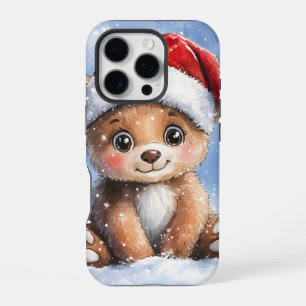 Cute Winter Christmas Santa Bear Cub Watercolor iPhone 16 Pro Case