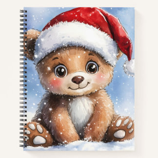 Cute Winter Christmas Santa Bear Cub Watercolor Notebook