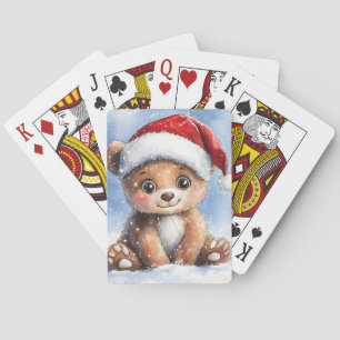 Cute Winter Christmas Santa Bear Cub Watercolor  Playing Cards