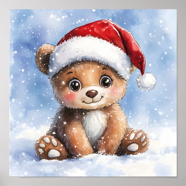 Cute Winter Christmas Santa Bear Cub Watercolor  Poster (Front)