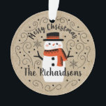 Cute Winter Christmas Snowman Ornament<br><div class="desc">A cute Christmas snowman with the words Merry Christmas decorates this ornament. Personalise it with your family name. A fun accent for the Christmas holiday season. Designed for you by Blackberry Boulevard.</div>