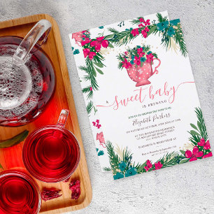 Cute winter christmas tea brewing baby shower invitation