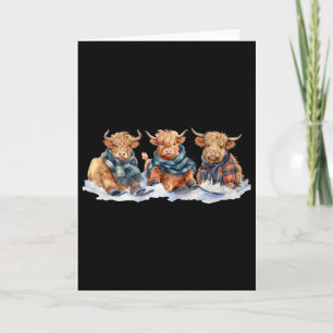 Cute Winter Cows Plaid Scarf Skiing Snowshoe Snow  Card