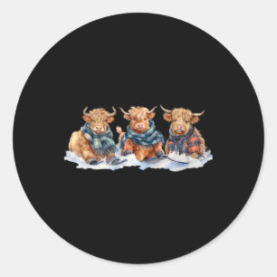 Cute Winter Cows Plaid Scarf Skiing Snowshoe Snow Classic Round Sticker