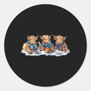 Cute Winter Cows Plaid Scarf Skiing Snowshoe Snow Classic Round Sticker