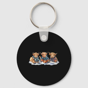 Cute Winter Cows Plaid Scarf Skiing Snowshoe Snow Key Ring