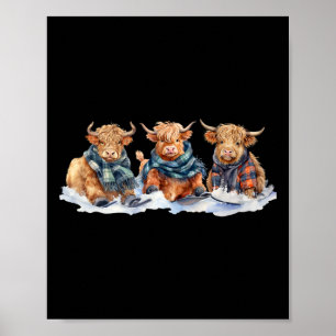 Cute Winter Cows Plaid Scarf Skiing Snowshoe Snow  Poster