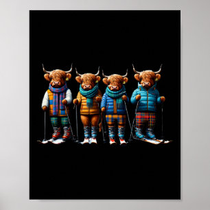 Cute Winter Cows Plaid Scarf Skiing Snowshoe Snow Poster
