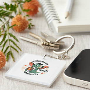 Cute Winter Dragon with Gift Fantasy Christmas Key Ring