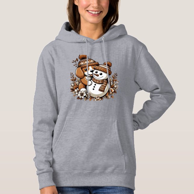 Cute Winter Duo: Dog in Patterned Hat and Snowman  Hoodie (Front)