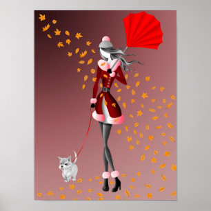 Cute Winter Duo Lady & Dog Walking in Autumn Poster