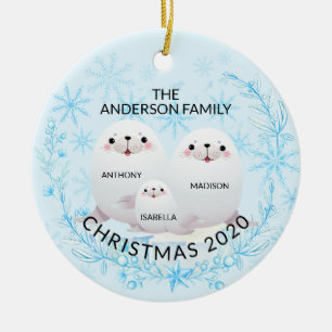 Cute Winter Family Of 3 Seals Christmas Ceramic Ornament