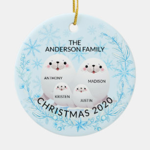Cute Winter Family Of 4 Seals Christmas Ceramic Ornament