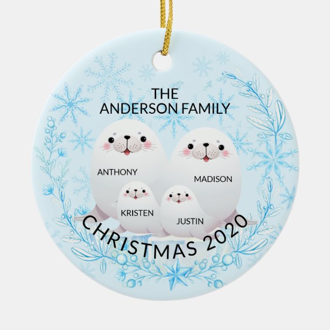 Cute Winter Family Of 4 Seals Christmas Ceramic Ornament (Front)