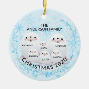 Cute Winter Family Of 6 Seals Christmas Ceramic Ornament