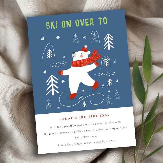 Cute Winter Forest Bear Ski Any Age Kids Birthday Invitation (Creator Uploaded)