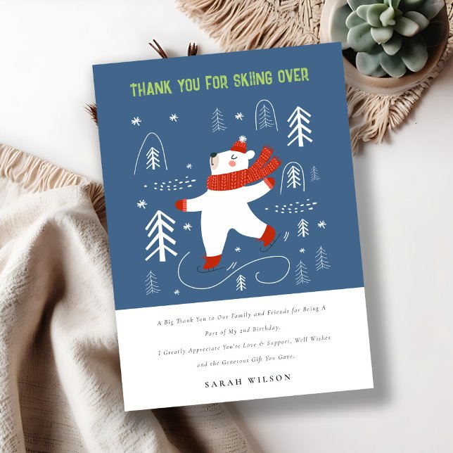 Cute Winter Forest Bear Ski Photo Kids Birthday Thank You Card (Creator Uploaded)