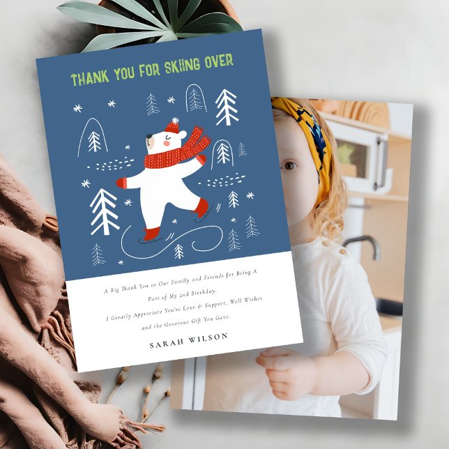 Cute Winter Forest Bear Ski Photo Kids Birthday Thank You Card (Creator Uploaded)