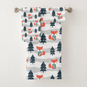 Cute Winter Fox and Christmas Trees Bath Towel Set