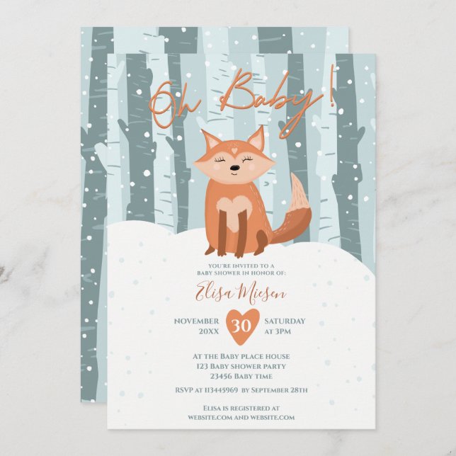 Cute winter fox snow illustration Oh baby shower Invitation (Front/Back)