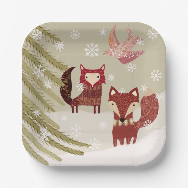 Cute Winter Foxes 7-inch Paper Plate (Front)