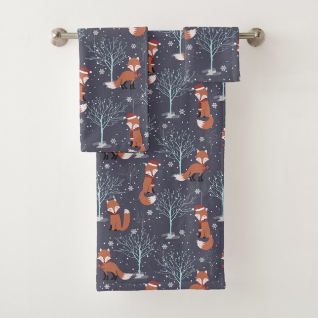 Cute Winter Foxes Bath Towel Set (Insitu)