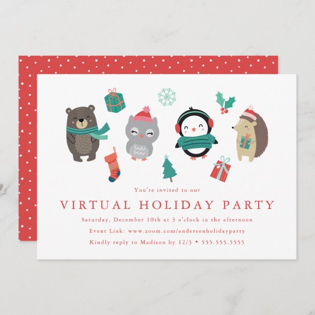 Cute Winter Friends Kid's Virtual Holiday Party Invitation (Front/Back)