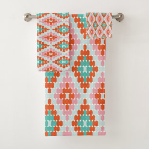 Cute Winter Geometric Diamond Pattern Teal Pink   Bath Towel Set