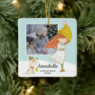 Cute Winter Girl and Dog Illustration Photo Ceramic Ornament