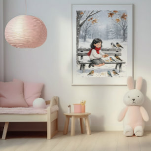 Cute Winter Girl Feeding Birds Nursery Wall Art 