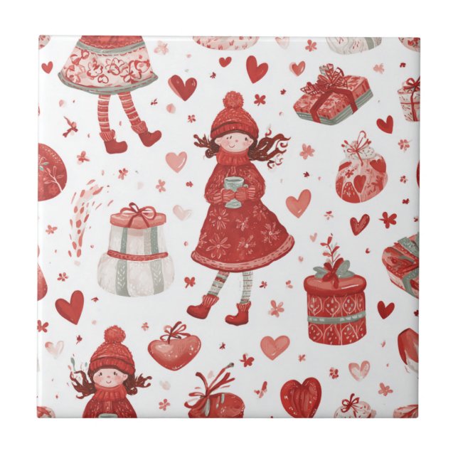 Cute Winter Girl Holiday Pattern Ceramic Tile (Front)