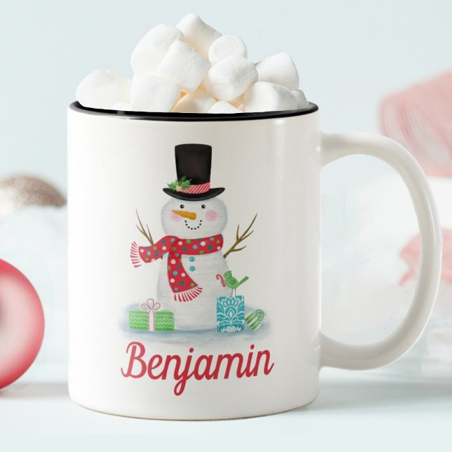 Cute Winter Happy Snowman Mug (A cute Christmas snowman mug. Personalize it with your name.)