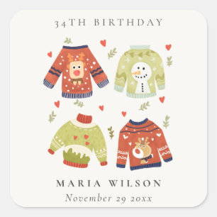 Cute Winter Heart Ugly Sweater Any Age Birthday Square Sticker