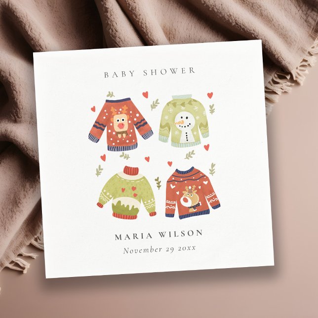 Cute Winter Hearts Leafy Ugly Sweater Baby Shower Napkin (Creator Uploaded)