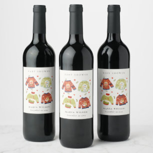 Cute Winter Hearts Leafy Ugly Sweater Baby Shower Wine Label