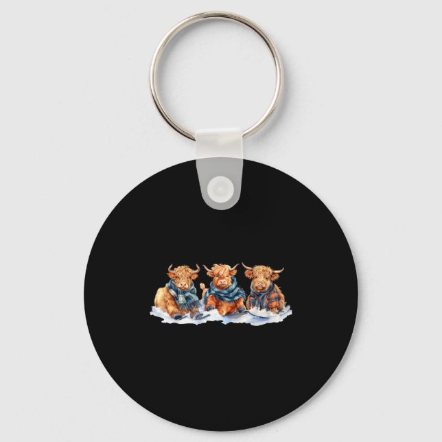 Cute winter highland cows plaid scarf skiing key ring (Front)