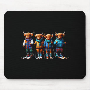 Cute winter highland cows plaid scarf skiing mouse pad