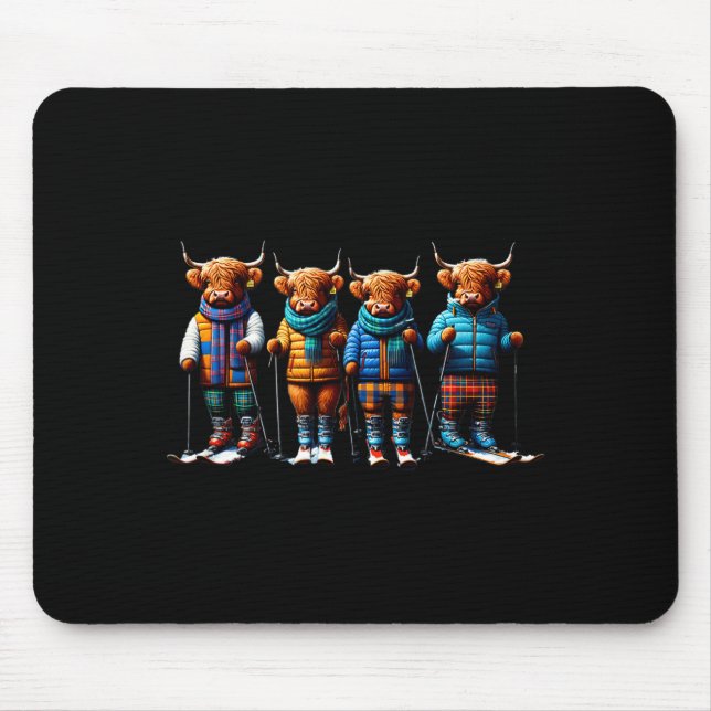 Cute winter highland cows plaid scarf skiing mouse pad (Front)