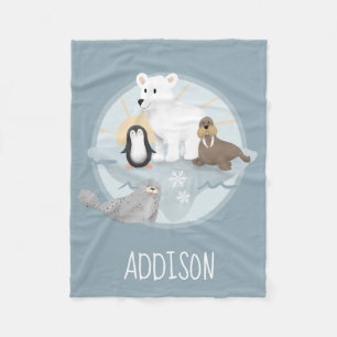 Cute Winter Holiday Polar Bear and Penguin Kids Fleece Blanket