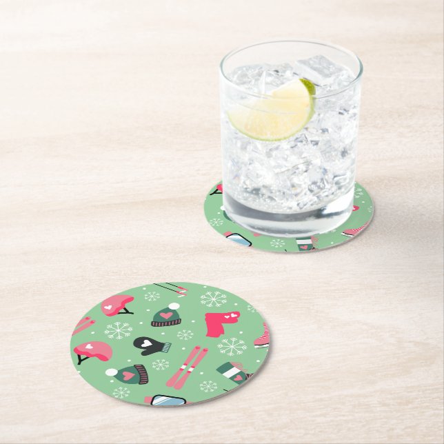 Cute Winter Holiday Sports Pattern  Round Paper Coaster (Insitu)