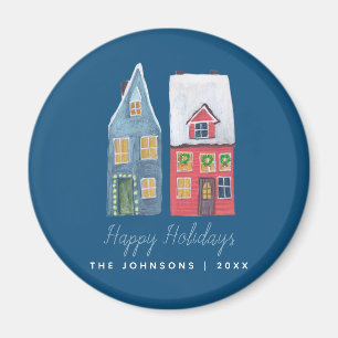 Cute Winter House Village Blue Christmas Magnet