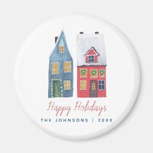 Cute Winter House Village Blue Red Christmas Magnet