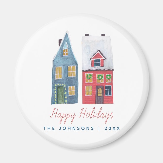 Cute Winter House Village Blue Red Christmas Magnet (Front)