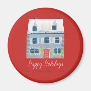 Cute Winter House Village Red Christmas Magnet