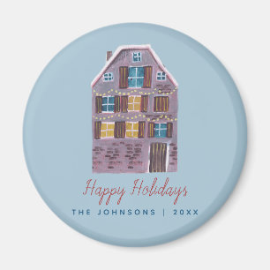 Cute Winter House Village Scene Christmas Magnet