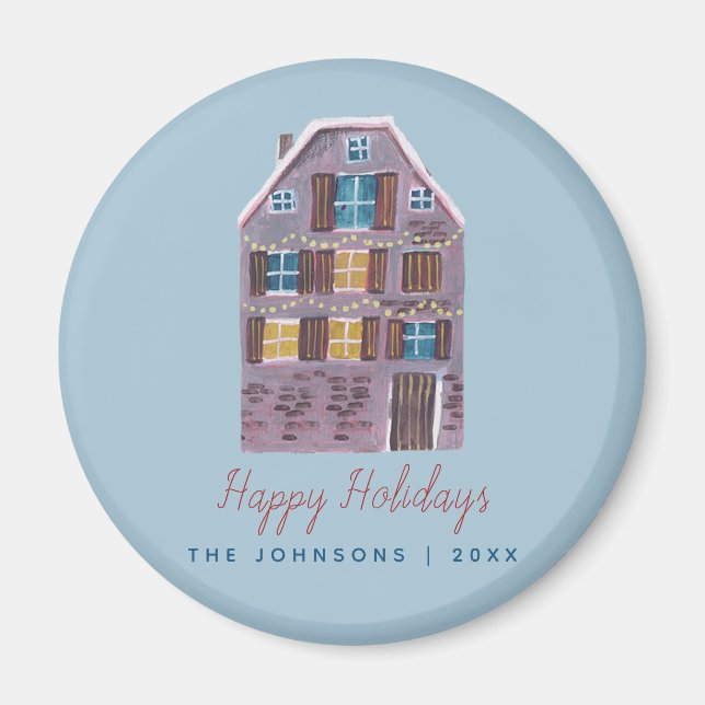 Cute Winter House Village Scene Christmas Magnet (Front)