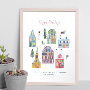 Cute Winter House Village Scene Christmas Poster