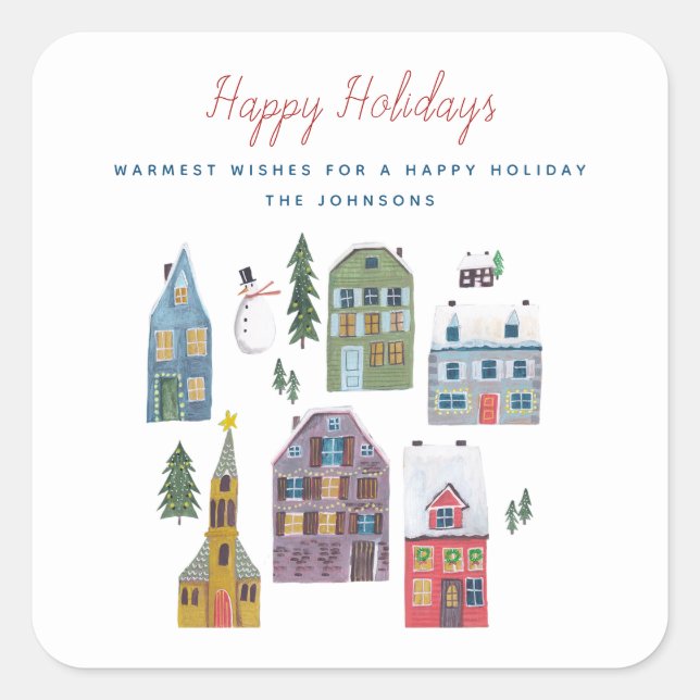 Cute Winter House Village Scene Christmas Square Sticker (Front)