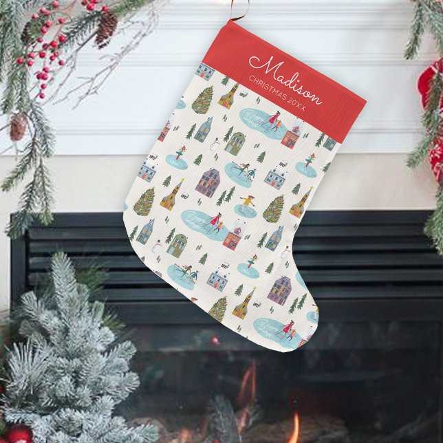 Cute Winter House Village Skating Scene Christmas Large Christmas Stocking (Cute Winter House Village Skating Scene Christmas Large Christmas Stocking)